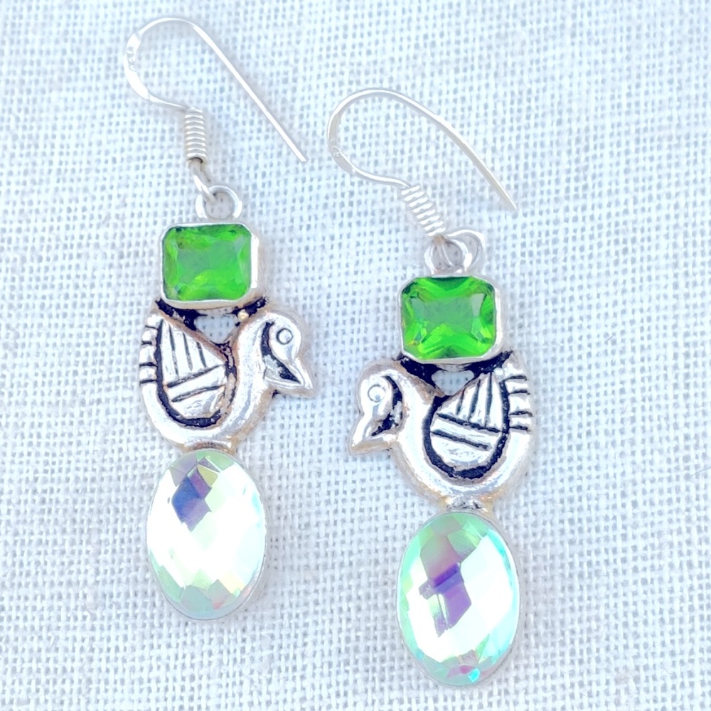 Vintage Earrings Celtic Swans w Green & iridescent stones 2” Pierced new wires
